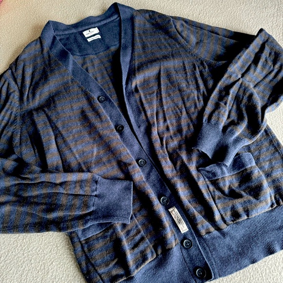 Men’s navy and brown academic cardigan by Penny Stock - Picture 1 of 7